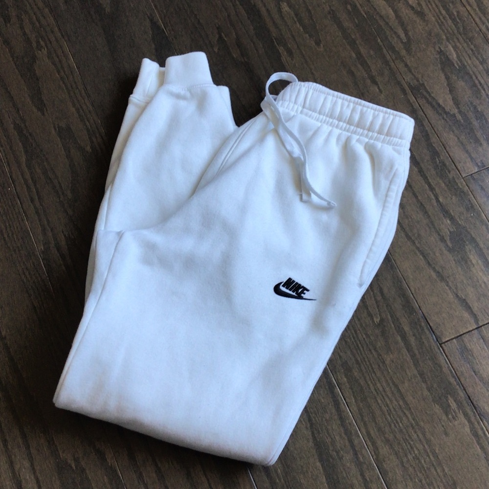 Nike White Kids Fleece Joggers with Black Swoosh